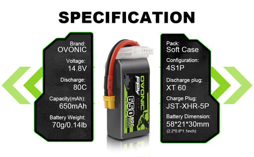 Ovonic 4S 650mAh 80C 14,8V XT30 Lipo Akku (4 St.)   LiPo24.de